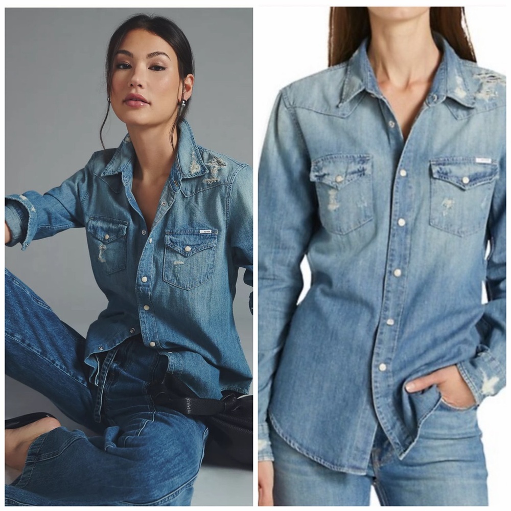 NWT! MOTHER - All My Exes Destroyed Denim button down shirt in “Crash Course”